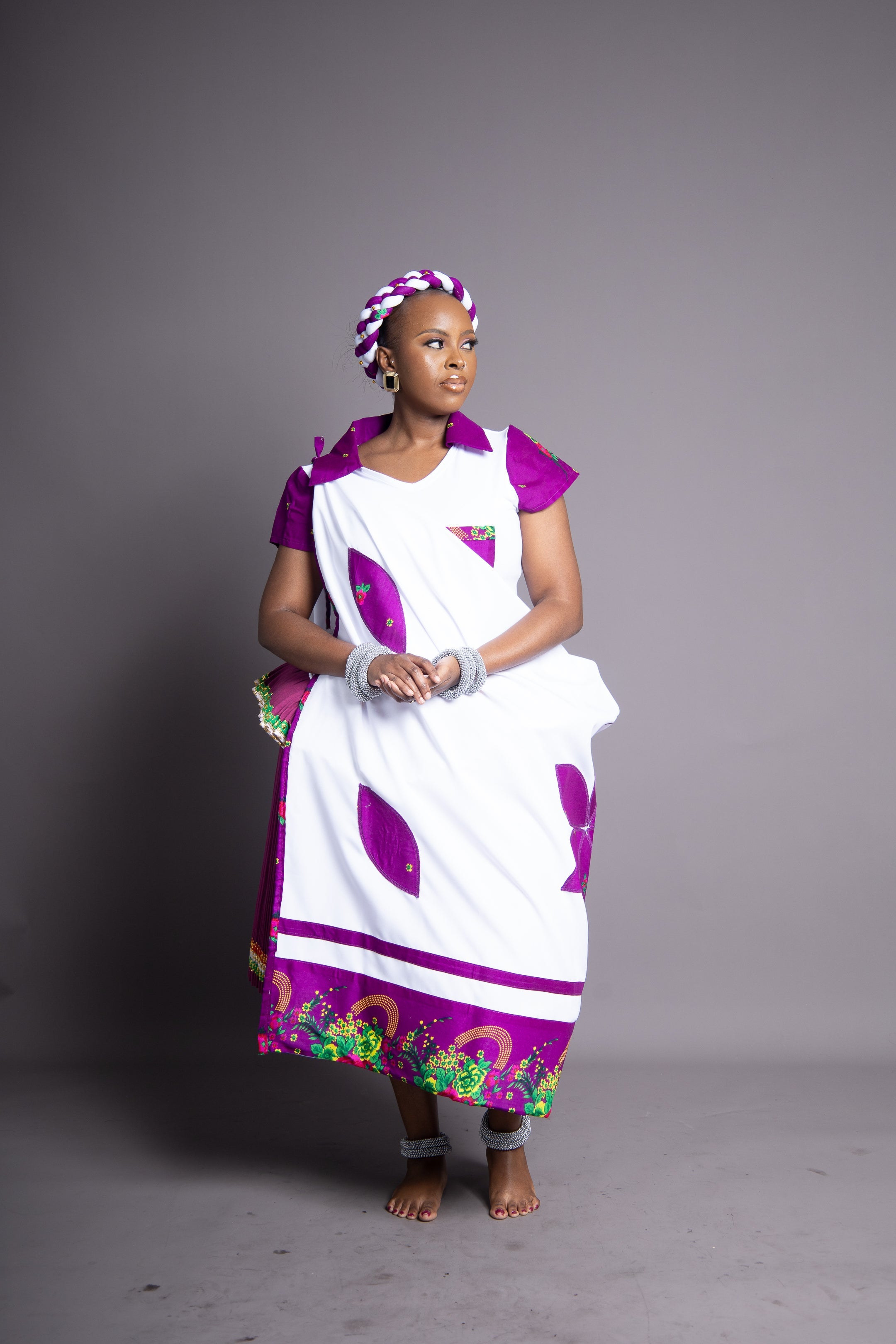 White & Purple Floral Ncheka – Tsonga Brides
